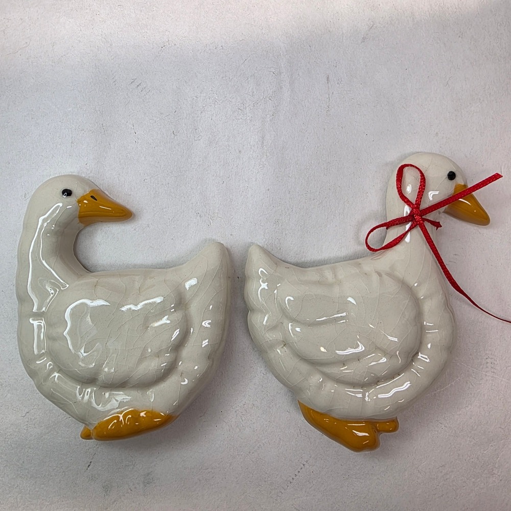 Geese Goose Ducks Fridge Magnets Set White Ceramic Vintage Country Farmhouse